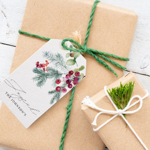 Elegant Watercolor Winter Greenery Red Berries Gift Tags