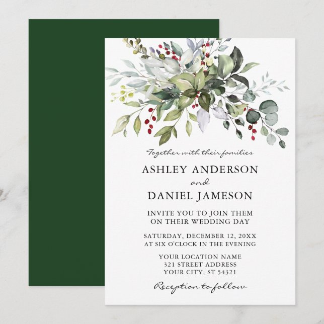 Elegant Watercolor Winter Greenery Wedding Invitation (Front/Back)