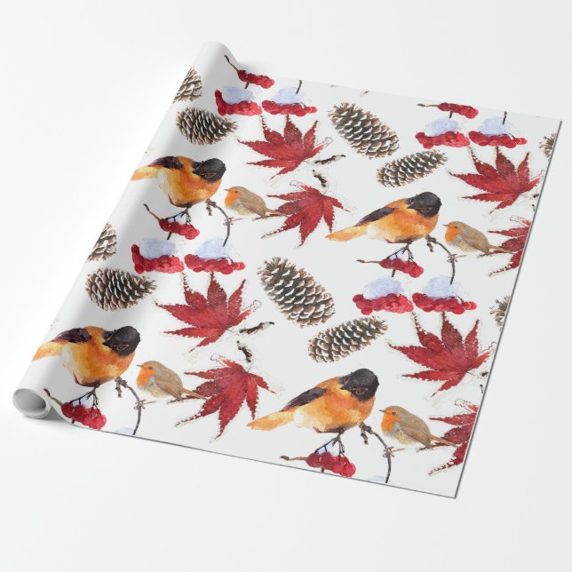 Elegant Watercolor Winter Pattern Wrapping Paper (Unrolled)