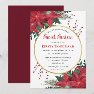 Elegant Watercolor Winter Poinsettia Sweet Sixteen Invitation