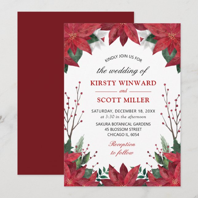 Elegant Watercolor Winter Red Poinsettia Wedding Invitation (Front/Back)