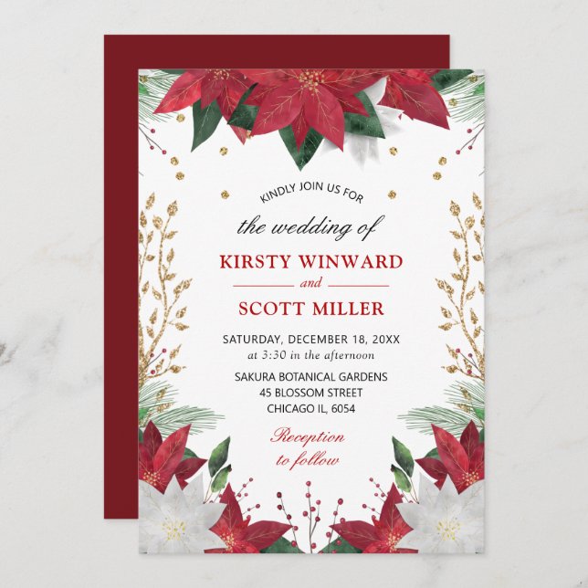 Elegant Watercolor Winter Red Poinsettia Wedding Invitation (Front/Back)