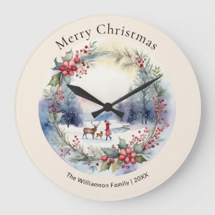 Elegant Watercolor Winter Snow Scene  Large Clock