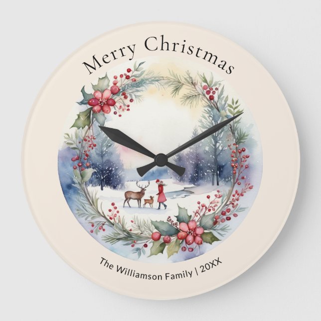 Elegant Watercolor Winter Snow Scene  Large Clock (Front)