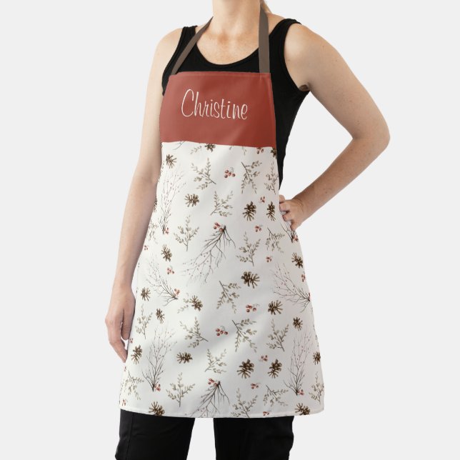 Elegant Watercolor Winterberry Custom Name Apron (Insitu)