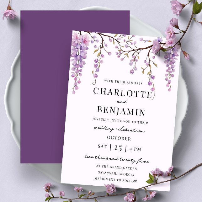 Elegant Watercolor Wisteria Branch Garden Wedding  Invitation (Creator Uploaded)