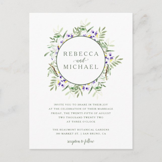Elegant Watercolor Wisteria Wreath Wedding Invitation Postcard (Front)