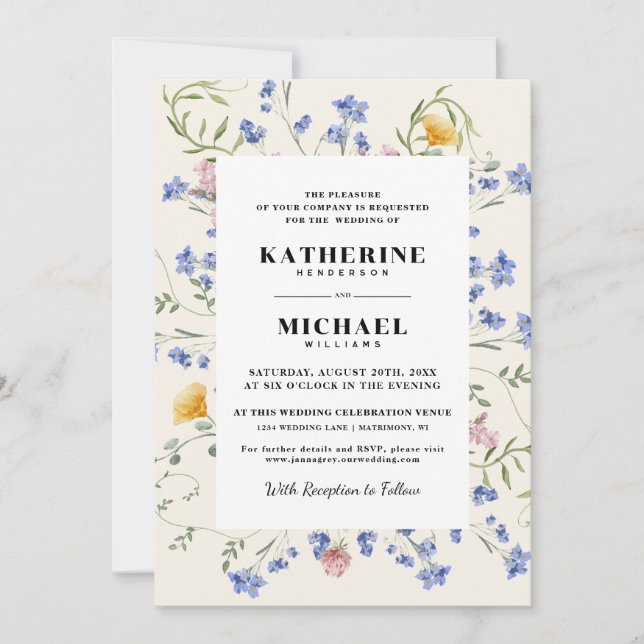 Elegant Watercolor Wldflowers Meadow Wedding Invitation (Front)
