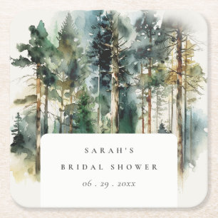 Elegant  Watercolor Woodland Forest Bridal Shower Square Paper Coaster