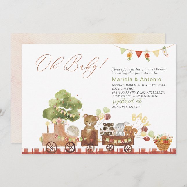 Elegant  Watercolor Woodland party Baby Shower Invitation (Front/Back)