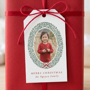 Elegant Watercolor Wreath Bow Christmas Photo Gift Tags