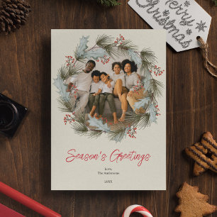 Elegant Watercolor Wreath Christmas Photo Card