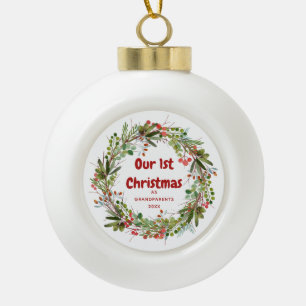 Elegant Watercolor Wreath First Christmas  Ceramic Ball Christmas Ornament