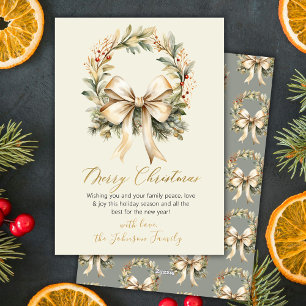 Elegant Watercolor Wreath Gold Bow Merry Christmas Holiday Card