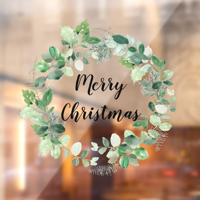 Elegant Watercolor Wreath Merry Christmas Window Cling (Sheet 2)