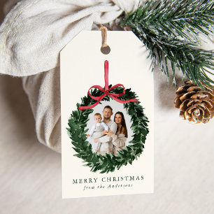 Elegant Watercolor Wreath with Bow Holiday Photo Gift Tags