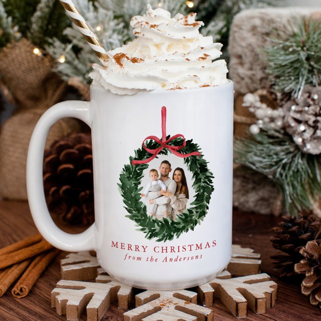 Elegant Watercolor Wreath with Bow Photo Christmas Coffee Mug (Creator Uploaded)