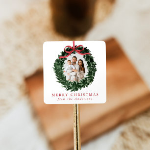 Elegant Watercolor Wreath with Bow Photo Holiday Square Sticker
