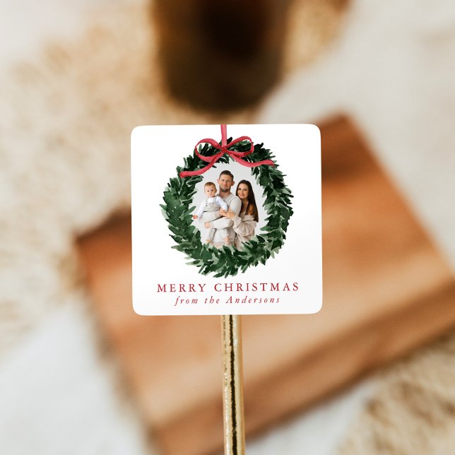Elegant Watercolor Wreath with Bow Photo Holiday Square Sticker (Creator Uploaded)