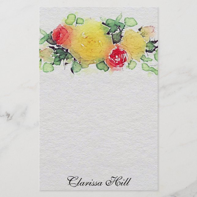 Elegant Watercolor Yellow And Pink Floral Bouquet Stationery (Front)