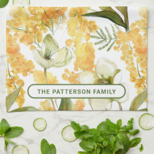Elegant Watercolor Yellow Botanical Floral Name Tea Towel