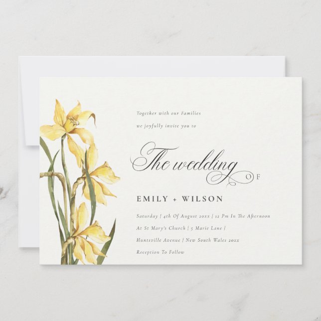 Elegant Watercolor Yellow Daffodil Wedding Invite (Front)