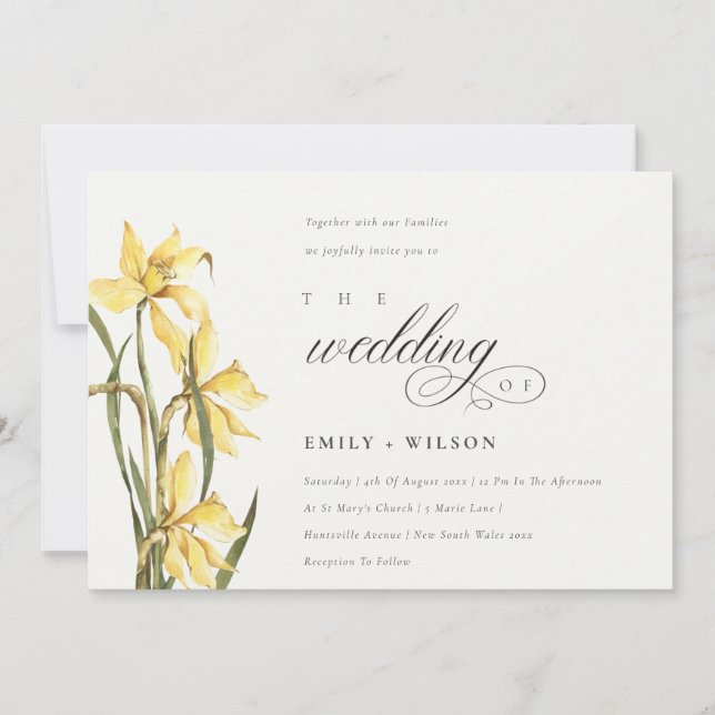 Elegant Watercolor Yellow Daffodil Wedding Invite (Front)