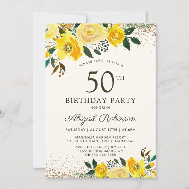 Elegant Watercolor Yellow Floral 50th Birthday Invitation (Front)