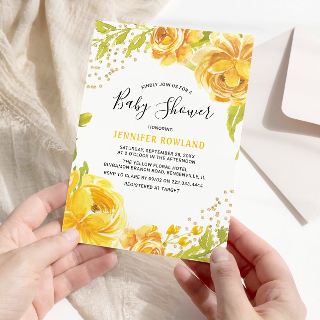 Elegant Watercolor Yellow Floral Baby Shower Invitation (Creator Uploaded)