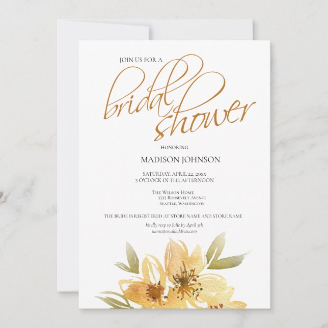 Elegant Watercolor Yellow Floral Bridal Shower Invitation (Front)