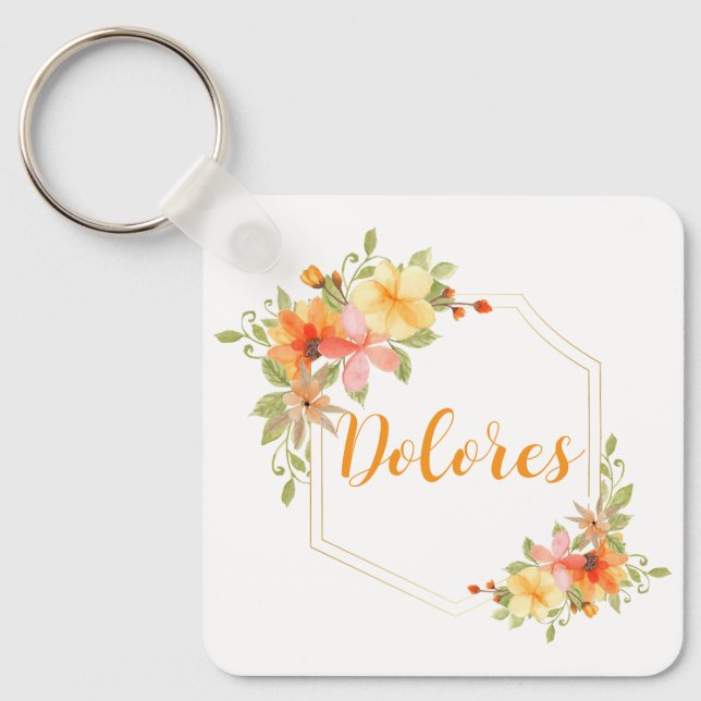 Elegant Watercolor Yellow Floral Monogram Name Key Ring (Front)