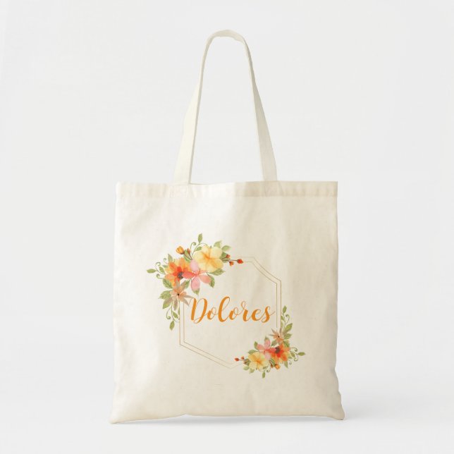 Elegant Watercolor Yellow Floral Monogram Name Tote Bag (Front)
