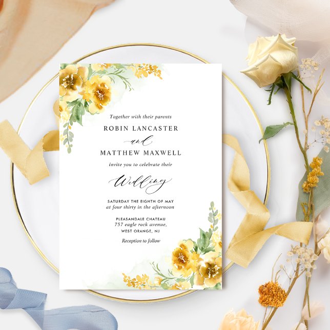 Elegant Watercolor Yellow Tones Floral Wedding Invitation (Creator Uploaded)
