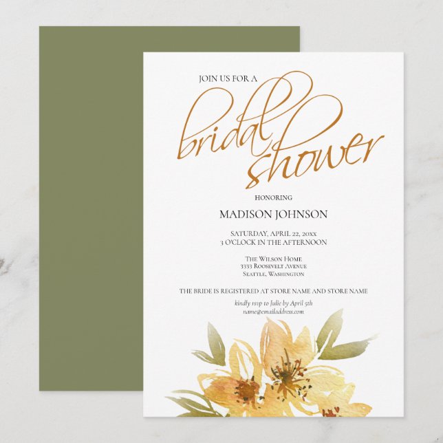 Elegant Watercolor Yellow Wedding Bridal Shower Invitation (Front/Back)