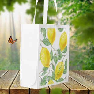Elegant watercolored lemon pattern on white name reusable grocery bag