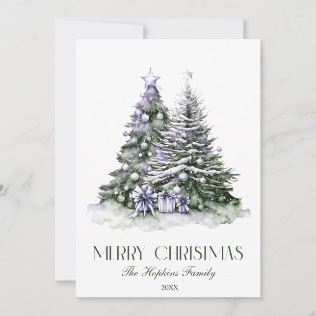 Elegant Watercolour Christmas Tree Holiday Card (Front)