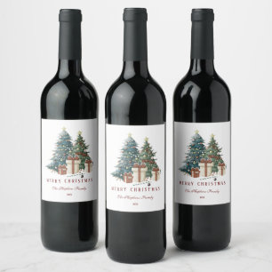 Elegant Watercolour Christmas Tree Wine Label