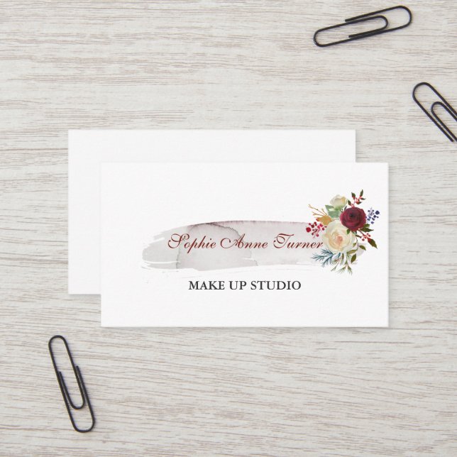 Elegant Watercolour Floral Burgundy Professional Business Card (Front/Back In Situ)
