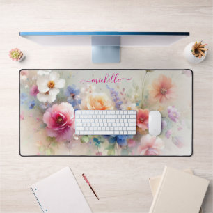 Elegant Watercolour Flowers Custom Name Text Desk Mat