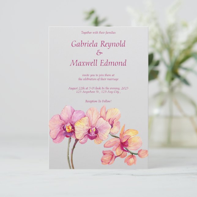 Elegant Watercolour Flowers Orchids Wedding Invitation (Standing Front)