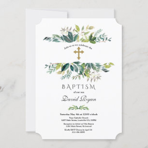 Elegant Watercolour Foliage Frame Gold Baptism Invitation