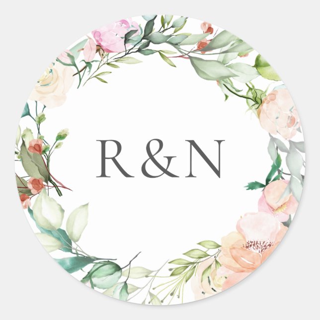 Elegant Watercolour Greenery Floral Classic Round Sticker (Front)