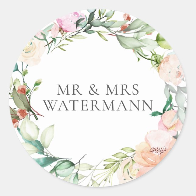 Elegant Watercolour Greenery Floral Classic Round Sticker (Front)