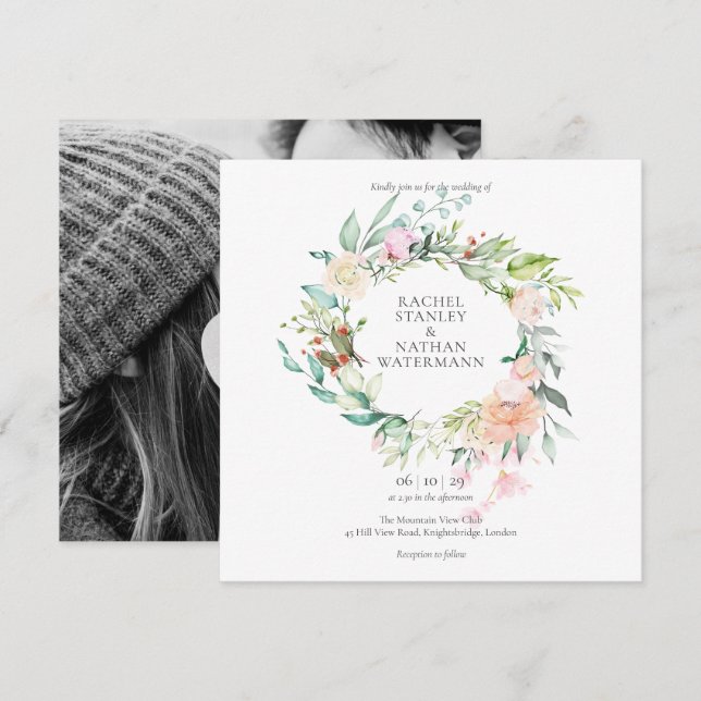 Elegant Watercolour Greenery Floral Photo Wedding Invitation (Front/Back)
