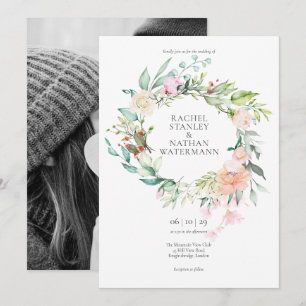 Elegant Watercolour Greenery Floral Photo Wedding Invitation