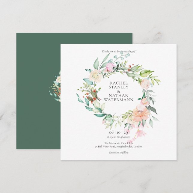 Elegant Watercolour Greenery Floral Wedding Invitation (Front/Back)