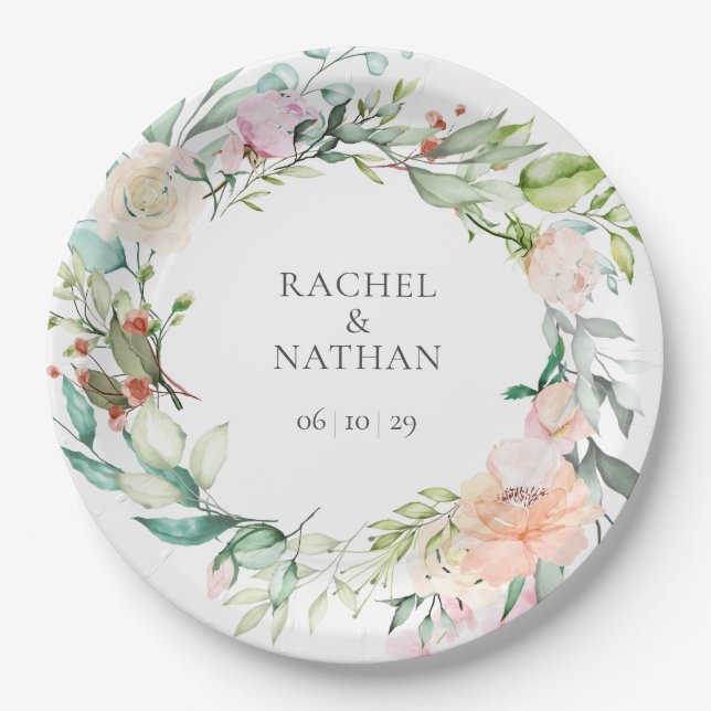 Elegant Watercolour Greenery Floral  Wedding Paper Plate (Front)