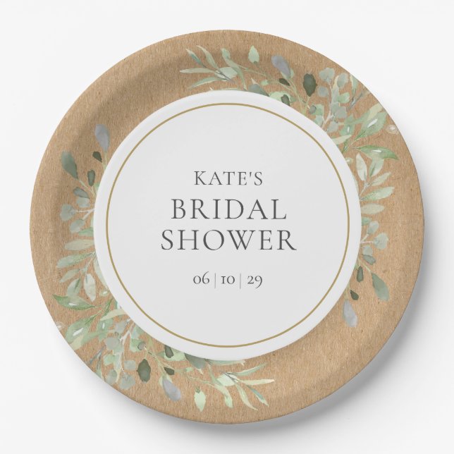 Elegant Watercolour Greenery Rustic Bridal Shower Paper Plate (Front)