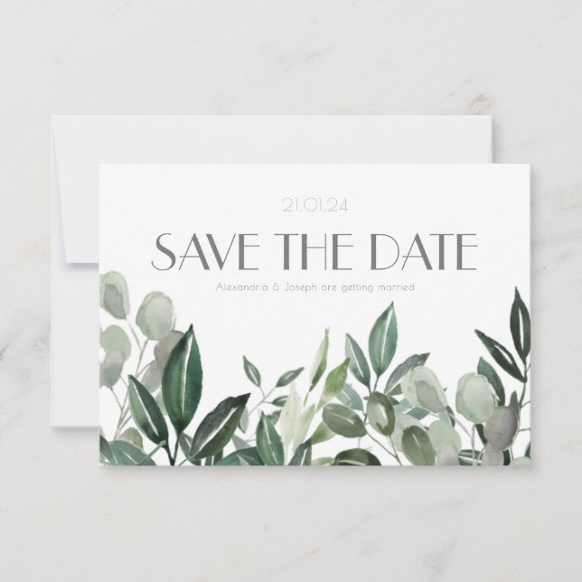Elegant watercolour leaf botanicals hunter green s save the date (Front)
