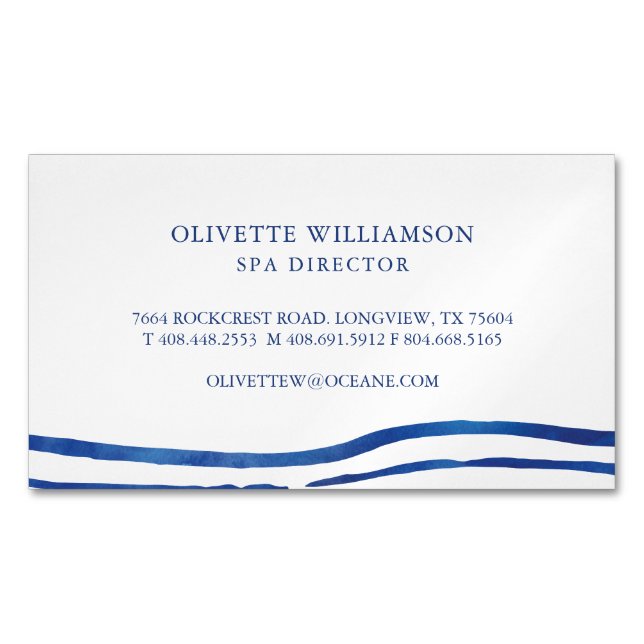Elegant Watercolour Ocean Waves Navy Blue Magnetic Business Card (Front)